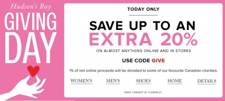 Hudson's Bay Giving Day - Save up to an Extra 20 Off Almost Anything Promo Code (Mar 24)