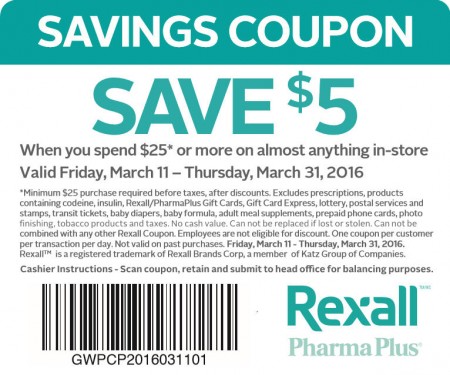 Rexall $5 Off Coupon When you Spend $25 (Until Mar 31)