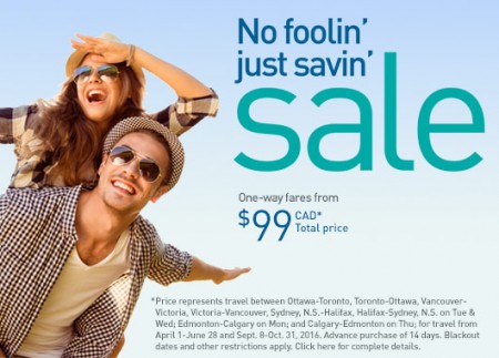 WestJet No Foolin' Just Savin' Sale (Book by Apr 5)