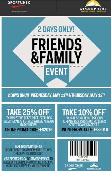 Sport Chek Friends & Family Event - 25 Off Regular Priced Items, 10 Off Sale Items (May 11-12)