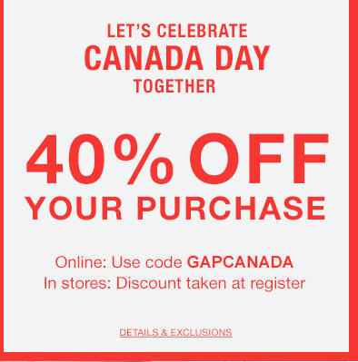 GAP Canada Day Sale - 40 Off Your Purchase Promo Code (July 1)