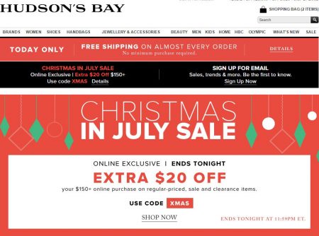 Hudson's Bay Today Only - Free Shipping All Orders + Extra $20 Off on $150 Purchase Promo Code (July 12)