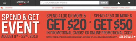 Sport Chek Spend & Get Event - Spend $100 Get $20 Gift Card, or Spend $250 Get $50 Gift Card (Aug 9-22)