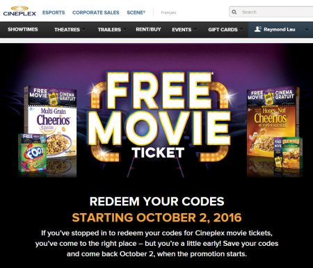 Cineplex FREE Movie Ticket on specially marked General Mills Products