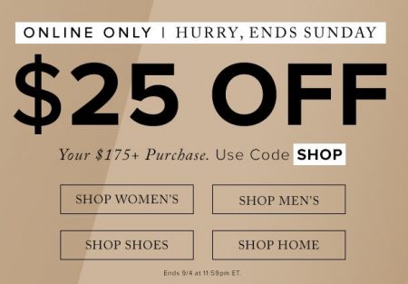 Hudson's Bay $25 Off Your $175+ Purchase Promo Code (Sept 2-4)