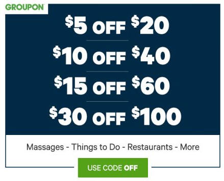 Groupon.com: Promo Code – $5 off $20, $10 off $40, $15 off $60, $30 off $100 (Aug 12-13)