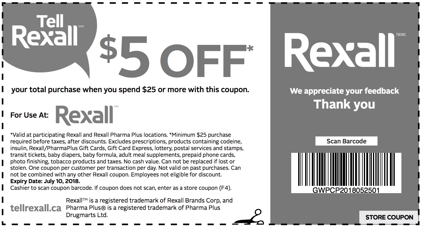The coupon is valid at all Rexall stores across Canada until July 10, 2018....
