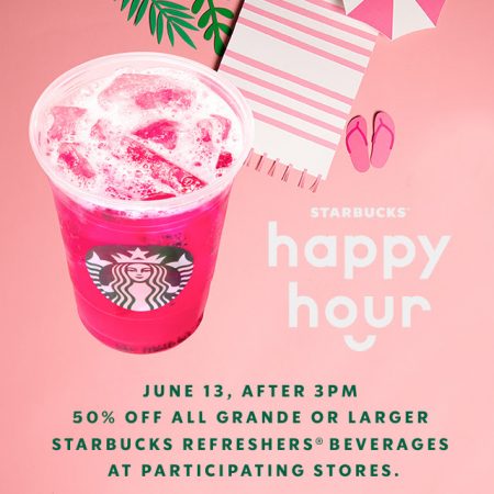 starbucks hour happy refreshers 3pm close june off beverages